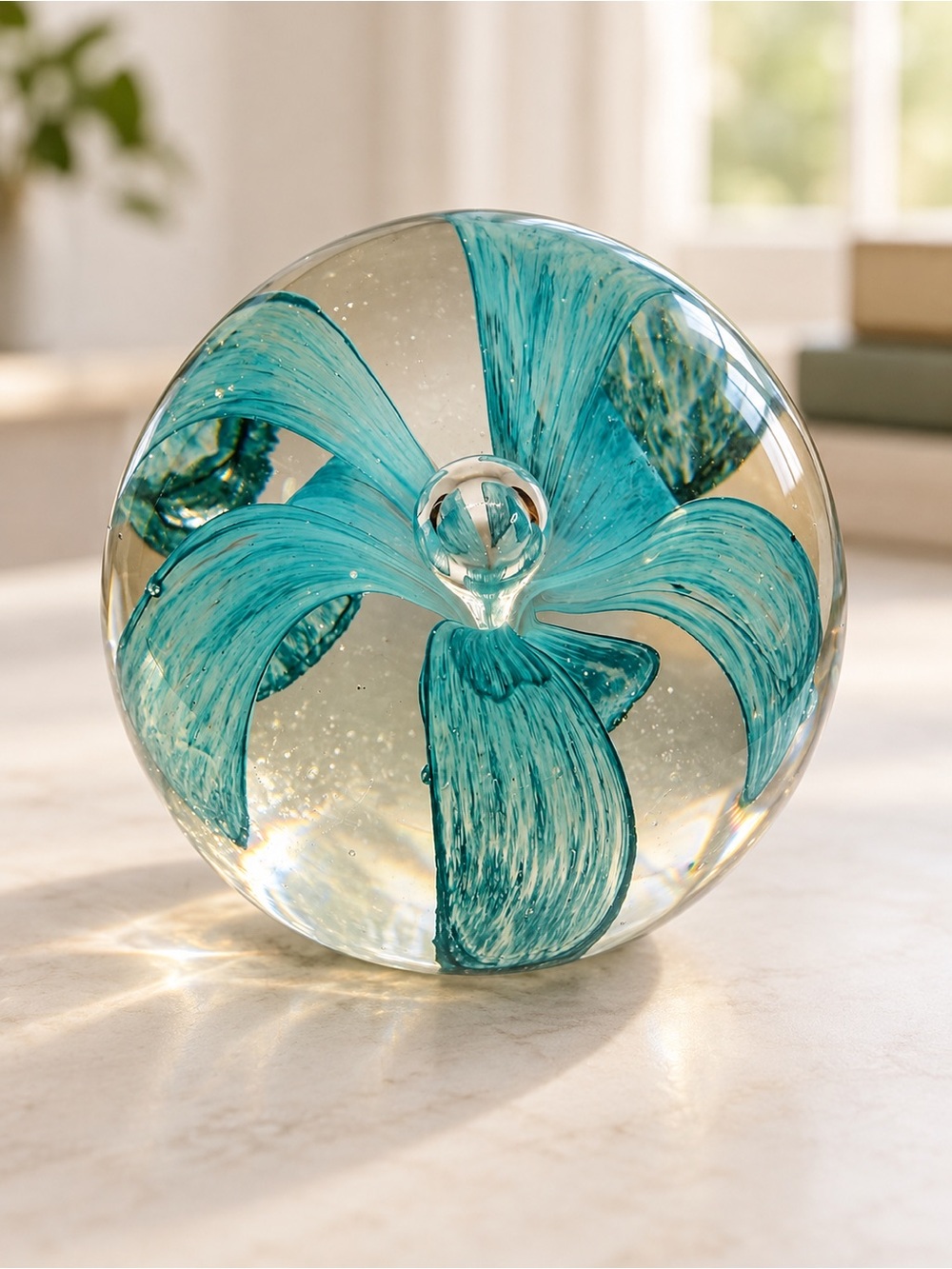 Art Glass Paper Weight Sea Foam Green Floral With Bubble Hand-Blown 2.5” MCM